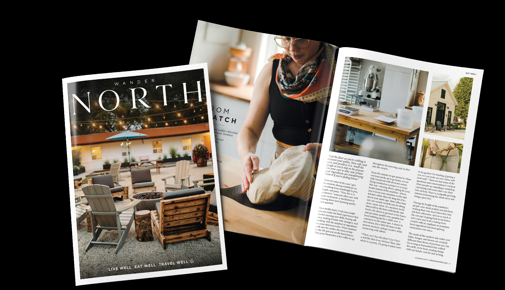 Wander North magazine and an open editorial spread