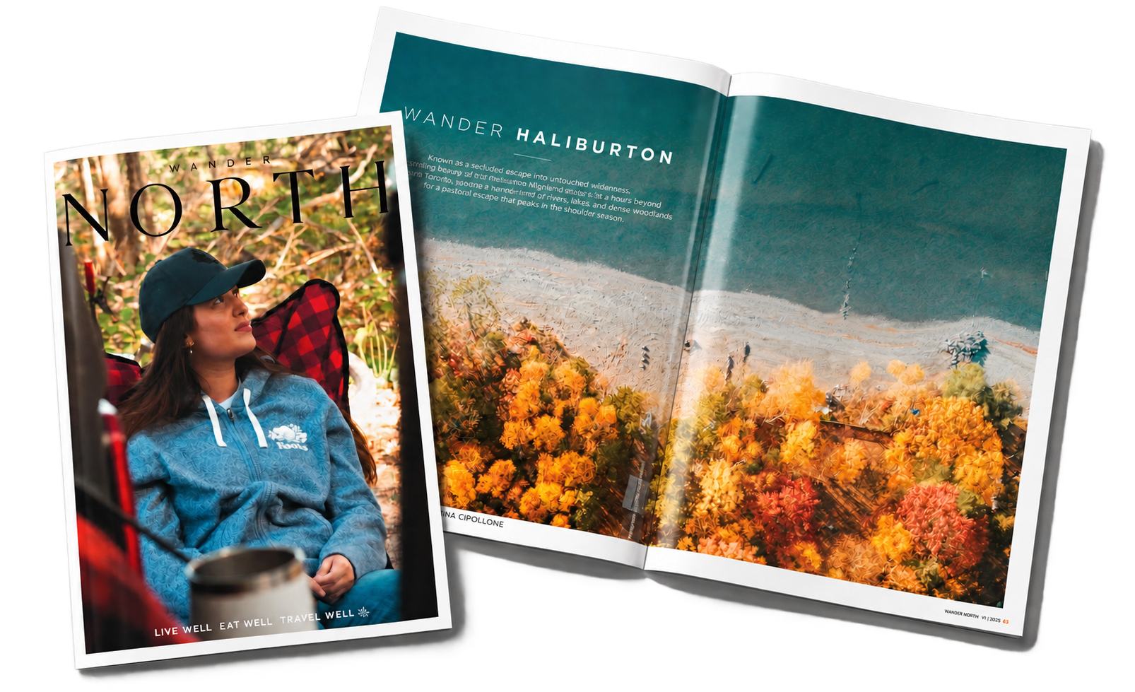 Wander North Issue Two cover beside an open Wander Haliburton feature